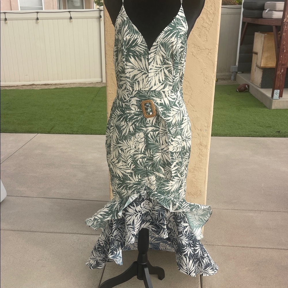 Fashionova Tropical Green and White Leaf Print Dress